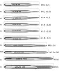 Micro Taps Bit Set 10Pcs Metric Hand Taps M1 To M3 Point Five High Speed Steel HSS sizes from M1x0.25 to M3.5x0.6 labeled in a row