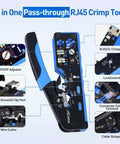 Front view of All In One Ethernet Crimping Tool Kit with wire stripper and connectors, showing features and functions for DIY networking.