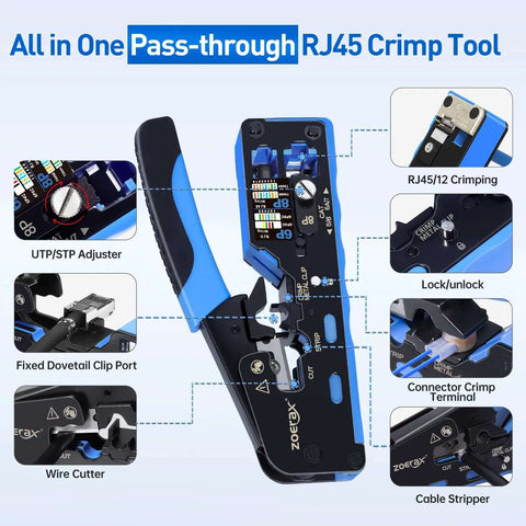 Front view of All In One Ethernet Crimping Tool Kit with wire stripper and connectors, showing features and functions for DIY networking.