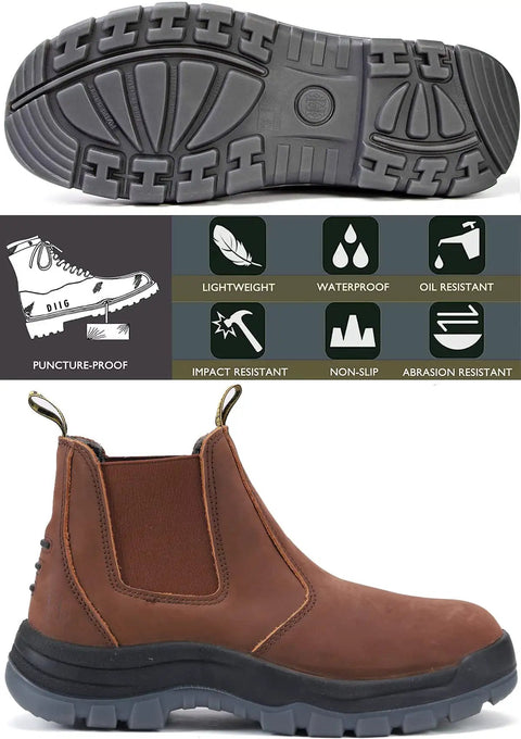 Men's Steel Toe Waterproof Work Boots With Slip Resistant Outsole And Anti Static Safety Shoes Built For The Job Site All Day Comfort With A Wide Toe Box ASTM F2413 I 75 C 75 Rated For Tough Work, showing outsole and side view.