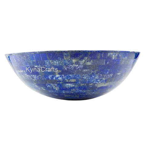 Top Shelf 24 By 24 Inch Round White Marble Vessel Sink With Slick High Gloss Finish And Killer Lapis Lazuli Stone Details For Bathrooms Kitchen Vanities Or Bars, side view showcasing the blue lapis design.