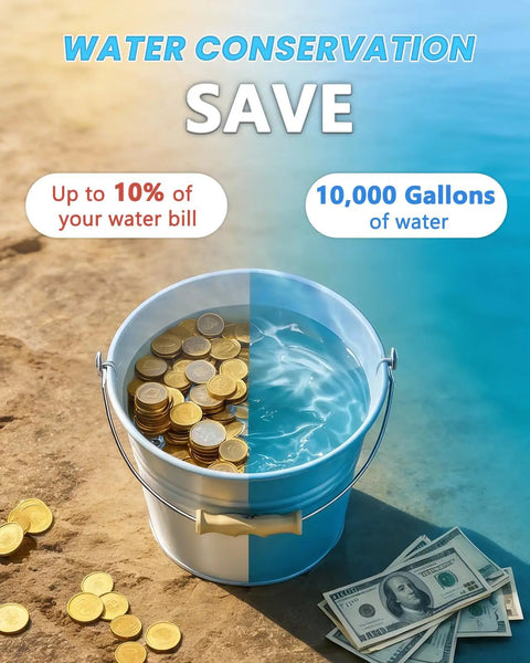 Water conservation image showing a bucket with coins and water representing savings on water bills.