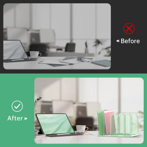 Five Section Mesh Desk Organizer And Vertical File Holder For Desktop Mint Green, organized desk with compartments and files