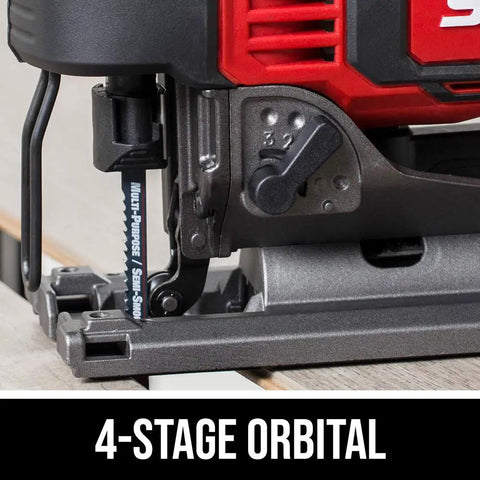 Close-up of the Beast Mode Cordless Jigsaw Kit with Brushless 20V Power Core 20 Battery 2.0Ah showing 4-stage orbital mechanism.