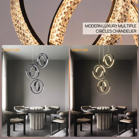 Modern LED Chandelier With 6 Ring Ball Design Black Pendant Lamp 18W Dimmable Ceiling Light Fixture showcasing light on and off.
