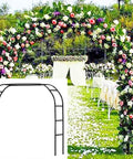 Metal Garden Arbor Wedding Arch Black, Adjustable two size options pergola style, sturdy frame in a floral garden setting