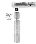 Three Eighths Inch Drive Swivel 14mm Spark Plug Socket With Flexible Head, Thin Wall Design, And Plug Retainer, Chrome Moly Steel Construction shown with 3/8 inch drive.