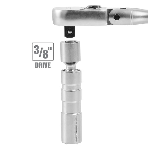 Three Eighths Inch Drive Swivel 14mm Spark Plug Socket With Flexible Head, Thin Wall Design, And Plug Retainer, Chrome Moly Steel Construction shown with 3/8 inch drive.