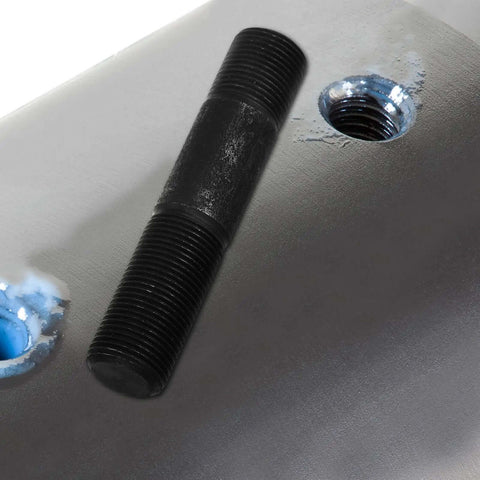 Close-up of hydraulic hole punch draw rod with lock cap for hole punch driver kit, pro grade steel pull rod accessory with threading detail.