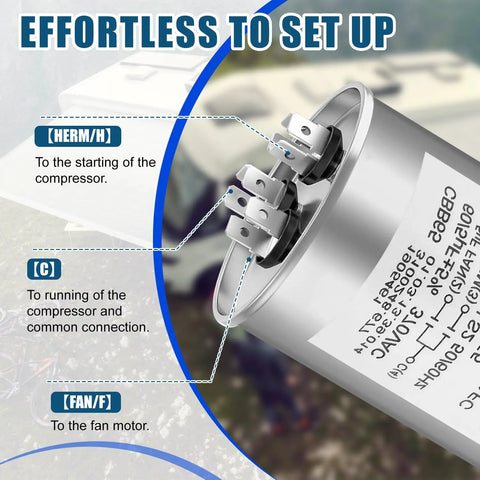 Close-up of RV Air Conditioner Motor Capacitor 60 5 MFD Replacement For RV A C Units, showing connection terminals.