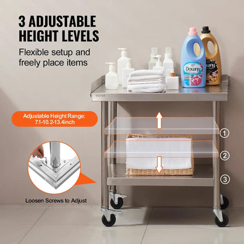 Stainless Steel Work Table 24 x 28 x 30 Inch With Four Casters And Three Sided Backsplash, adjustable for restaurant or home use.