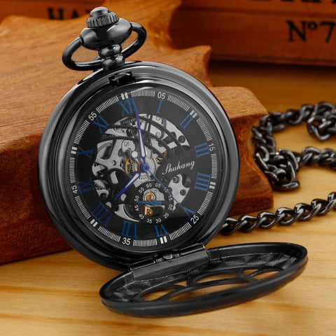 Mechanical Skeleton Pocket Watch For Men, Black Roman Numerals, Old School Antique Look, Chain Included, Easy Read Time Without Opening Lid, Durable Mens Pocket Watch