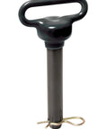 One-Inch Diameter Clevis Pin With Comfort Grip Handle, Heavy-Duty Heat-Treated Grade Eight Steel, Black Powder Coat Finish, Includes Cotter Pin, Lets Connected Parts Rotate Smoothly For Trailer Hitch Assemblies shown from side view.