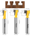 Three Pack Keyhole Router Bits Set With 1/4 Inch Shank Pro Grade Carbide T Slot Router Bits For Woodworking Includes 5/16 3/8 And 1/2 Inch Blade Diameters For Slotting Milling And T Track Projects featuring various blade sizes and detailed measurements.