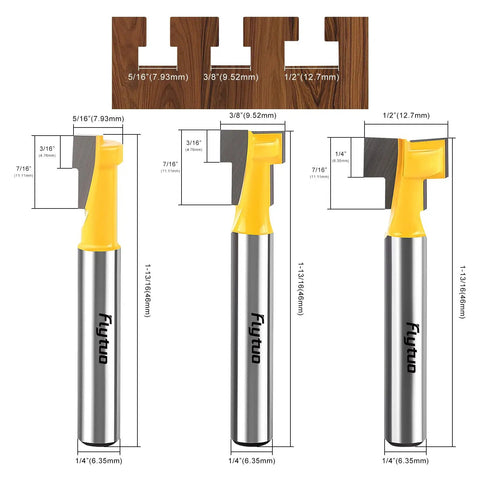 Three Pack Keyhole Router Bits Set With 1/4 Inch Shank Pro Grade Carbide T Slot Router Bits For Woodworking Includes 5/16 3/8 And 1/2 Inch Blade Diameters For Slotting Milling And T Track Projects featuring various blade sizes and detailed measurements.