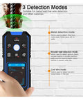 Heavy Duty Handheld No Sweat Stud Finder And Wall Scanner With Bright Digital Display showing detection modes for metal, wood, and live wires.