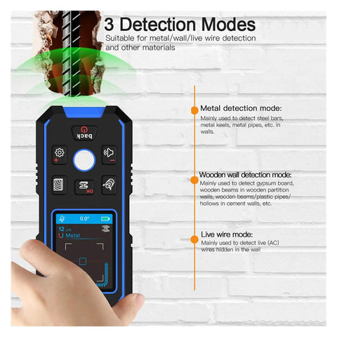 Heavy Duty Handheld No Sweat Stud Finder And Wall Scanner With Bright Digital Display showing detection modes for metal, wood, and live wires.