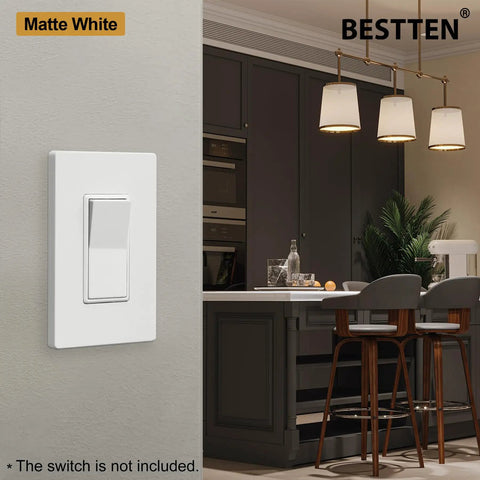 Matte White Screwless 1 Gang Switch Plate Decorator Cover For Light Switch Dimmer USB GFCI Receptacle Standard Size 4.69 Inch High By 2.91 Inch Wide Sleek Modern Upgrade That Fits Any Wall And Elevates Your Space in modern kitchen setting