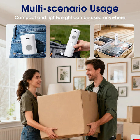 Eunhdet cordless vacuum pump, white with grey button; collage showing front, side, and travel-use views