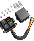 12V Three Way Waterproof Relay Box With Pre Wired Fuses And Relays, 3x4 Pin, 40A Relay, Includes ATC ATO Blade Fuses, shown with wiring and cover