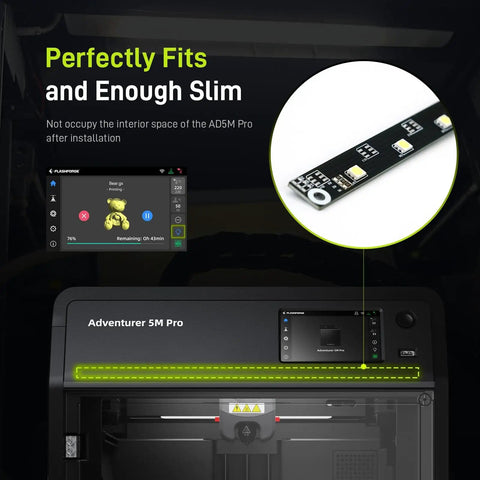 Lit LED Light Strip for Adventurer 5M Pro 3D Printer installed on printer, close-up of LED circuit board, enhances monitoring in real time.