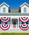 American Pleated Flag 3x1.5 Ft Half Fan Bunting Set Of 4 on white porch for patriotic decor, red white blue under windows.