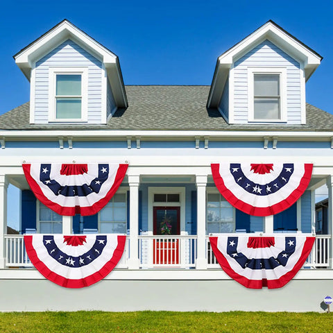 American Pleated Flag 3x1.5 Ft Half Fan Bunting Set Of 4 on white porch for patriotic decor, red white blue under windows.
