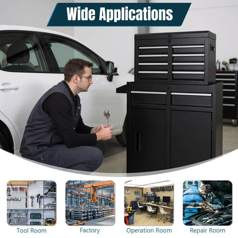 Rolling Tool Chest With Five Drawers Top Compartment And Two Section Base Cabinet Double Doors Heavy Duty Wheels in garage