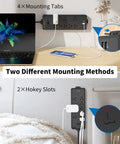 15ft Flat Plug Power Strip Surge Protector With 6 Outlets And 2 USB Ports, 1080 Joules, wall mount options shown on desk and wall