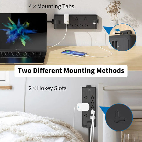 15ft Flat Plug Power Strip Surge Protector With 6 Outlets And 2 USB Ports, 1080 Joules, wall mount options shown on desk and wall