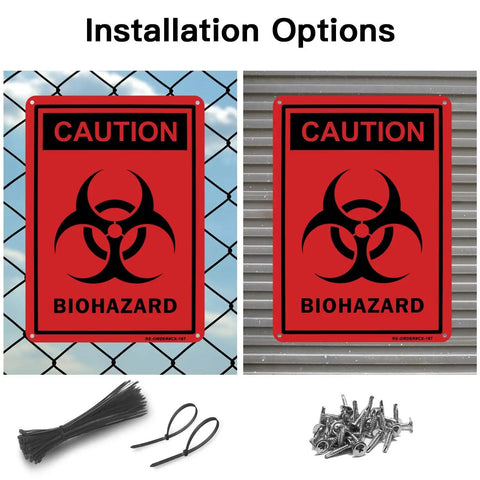Installation options for 2 Pack Caution Biohazard Sign 10 X 7 Inch Heavy Duty Aluminum Reflective Notice, Rust Free.040 Aluminum, UV Protected Weatherproof, Easy To Mount, High Visibility Hazard Sign For Industrial And Lab Areas, with cable ties and screws shown