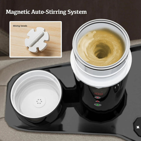 Road Warrior 420ml Portable Water Heater And 12V 24V Travel Kettle showing magnetic auto-stirring system with boiling liquid.