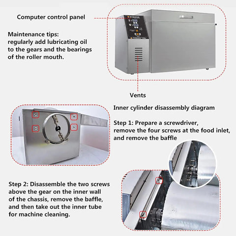 Top Shelf Stainless Steel Electric Coffee Roaster Machine Featuring Rapid Heat System For 4000g Beans Chestnuts And Grains Heavy Duty Construction kitchen control panel with maintenance tips.