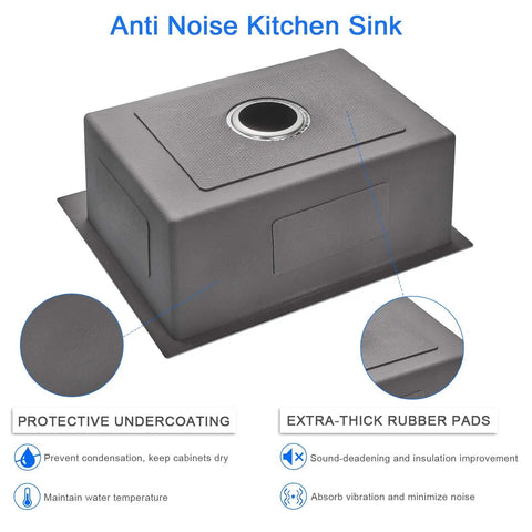 20 Inch Drop In Kitchen Sink With Basket Strainer, 18 Gauge T304 Stainless Steel Handmade Top Mount Single Bowl, Brushed Finish, shows protective undercoating and rubber pads for noise reduction.