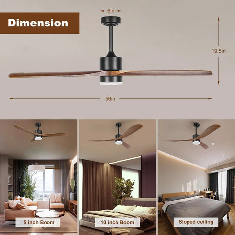 Dimensions and installation views of 56 Inch Wood Ceiling Fan With Remote Control And Light Memory Indoor Outdoor Ready In Walnut And Matte Black Finishes