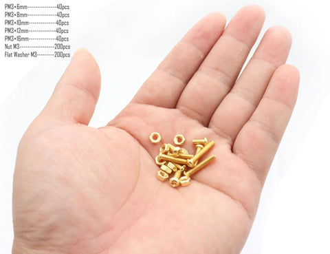 Copper Yellow M3 Machine Screws Assortment Kit With Nuts And Flat Washers, 600 Pieces, Five Lengths 6 8 10 12 16mm, shown in hand