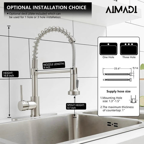 Built Tight Single Handle Pull Down Kitchen Faucet With Brushed Nickel Stainless Steel Finish and Broad Deck Plate, height 16.8 inches with 8 inch nozzle.