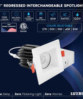 3 Inch Led Regressed Canless Spotlight With Sleek Square Trim Adjusts 5Cct 2700K To 5000K No Sweat Twist Install Dimmable Recessed Light 1250 Lumens CRI90 Precise 38 Beam Wet Rated 6 Pack shown with adjustable features and installation design.