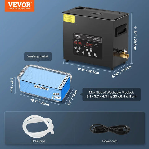 6L Ultrasonic Cleaner With 40kHz Power 180W Digital Cleaning Gear with basket, drain pipe, and power cord on blue background