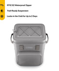 Top view of grey floating backpack cooler with 24 can capacity, 14L insulated, leakproof waterproof zippers, outdoor use features.