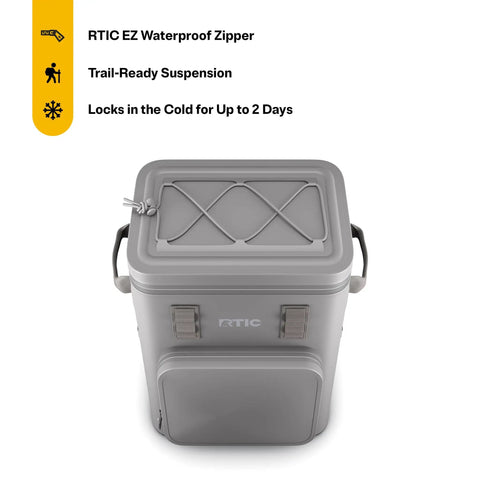 Top view of grey floating backpack cooler with 24 can capacity, 14L insulated, leakproof waterproof zippers, outdoor use features.