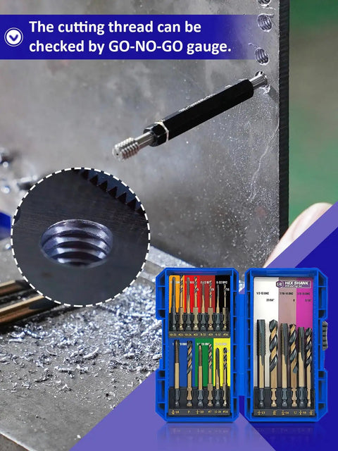 Hex Shank Drill And Tap Set For Impact Driver, 20 Piece HSS W4, cutting thread demonstration, metal panel with tools visible.