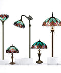 Green Tiffany Style Stained Glass Table Lamp 12 Inch Shade 18 Inch Tall Reading Desk Light Brings Cozy Vibe To Bedroom Or Living Room Nightstand Decor UL Listed With On Off Cord Switch on display with other stained glass lamps