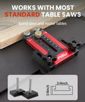 Boss Level Narrow Rip Table Saw Jig With Dual Pulleys For Precise Repetitive Narrow Strip Cuts Fits 3/8x3/4 U Slot And 1/4x3/8 T Slot Tables Front Of Blade Positioning Durable Woodworking Cutting Guide, shown with adjustable scales and extension clamps.