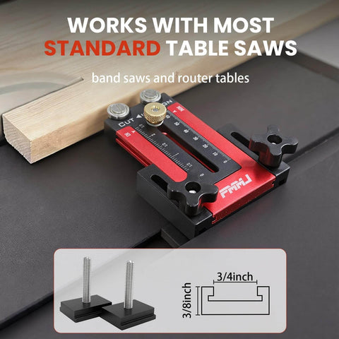 Boss Level Narrow Rip Table Saw Jig With Dual Pulleys For Precise Repetitive Narrow Strip Cuts Fits 3/8x3/4 U Slot And 1/4x3/8 T Slot Tables Front Of Blade Positioning Durable Woodworking Cutting Guide, shown with adjustable scales and extension clamps.