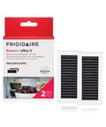 Pure Air Ultra II 2 Pack Refrigerator Air Filter For Odor Reduction And Fresh Fridge Air OEM Replacement Fits 3.8 X 1.8 In Includes Two Filters Replace Every Six Months, shown with packaging and filters