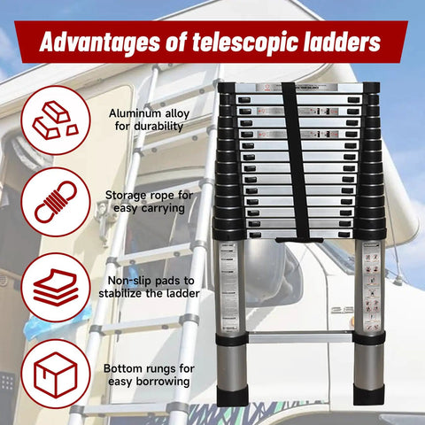 14.5 Foot Aluminum Telescopic Ladder With Dual Locking Mechanism Non Slip Collapsible Multi Use Step Ladder features