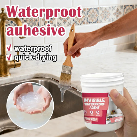 Person applying Heavy Duty Transparent Waterproof Sealant And Clear Invisible Liquid Coating For Roofs Walls Garden Bathroom Kitchen Blocks Moisture And Seals Cracks Indoors Or Outdoors No Sweat with a brush.