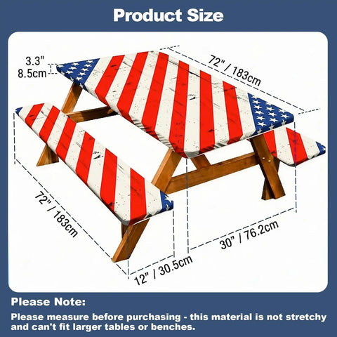 Vintage American Flag Picnic Table Cover Set With Bench Covers, Waterproof 72 By 30 Inch Outdoor Tablecloth With Elastic Edges