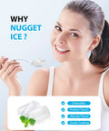 Woman smiling with spoon of nugget ice, benefits of Nugget Ice Maker 40 Lbs Per Day Countertop Ice Machine shown.
